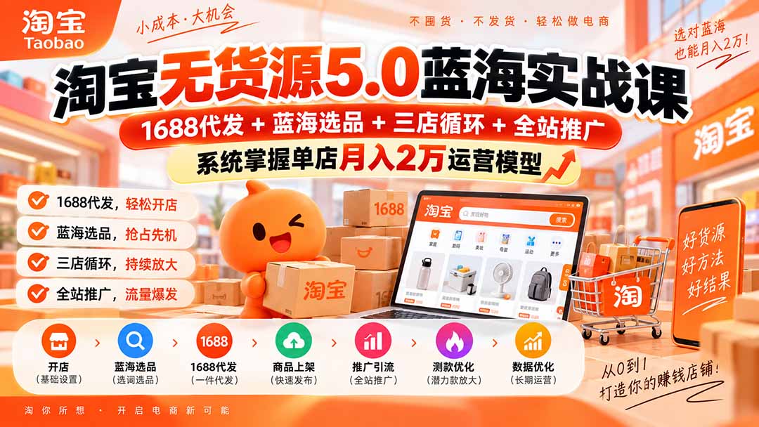 淘宝无货源5.0蓝海实战课-更新0927:1688代发+蓝海选品+三店循环+全站推广,系统掌握单店月入2万运营模型-摇钱树