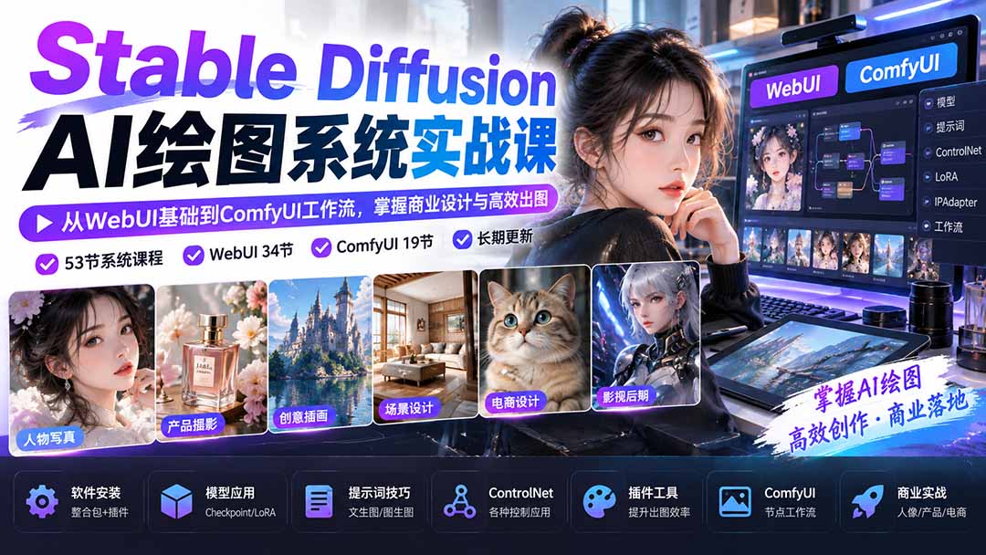 【无水印】Stable Diffusion AI绘图系统实战课:从WebUI基础到ComfyUI工作流,掌握商业设计与高效出图-摇钱树