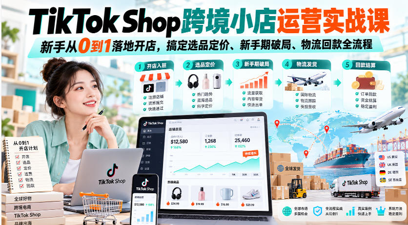 TikTok Shop跨境小店运营实战课,新手从0到1落地开店,搞定选品定价、新手期破局、物流回款全流程-摇钱树