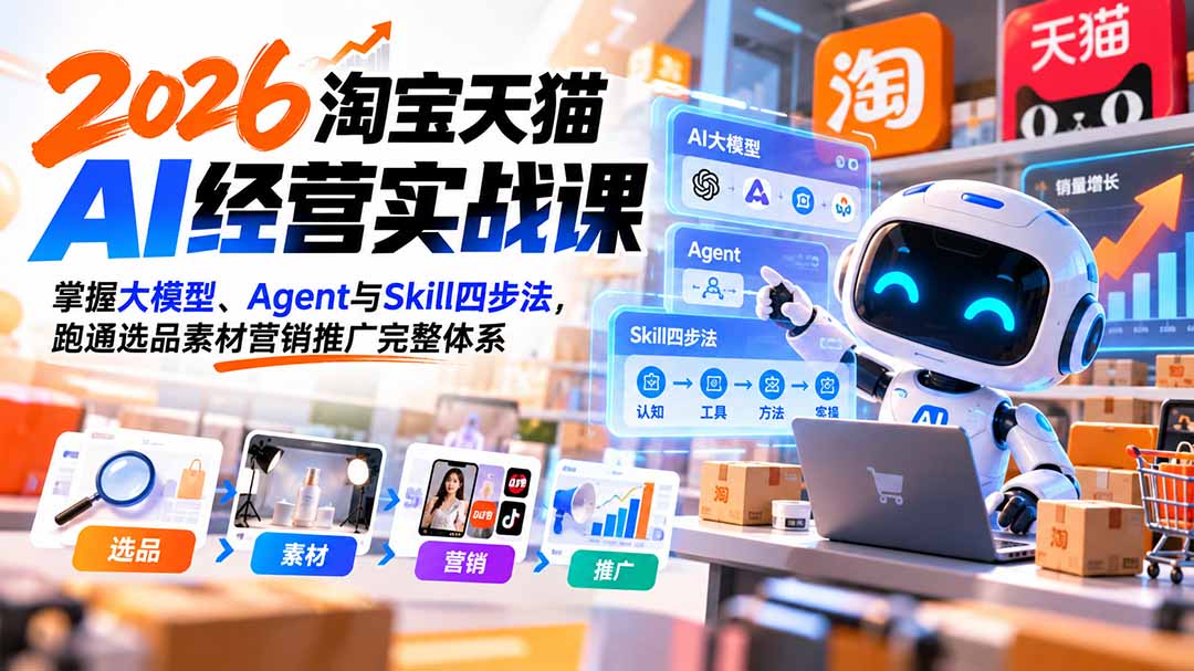 【无水印】2026淘宝天猫AI经营实战课:掌握大模型、Agent与Skill四步法,跑通选品素材营销推广完整体系-摇钱树