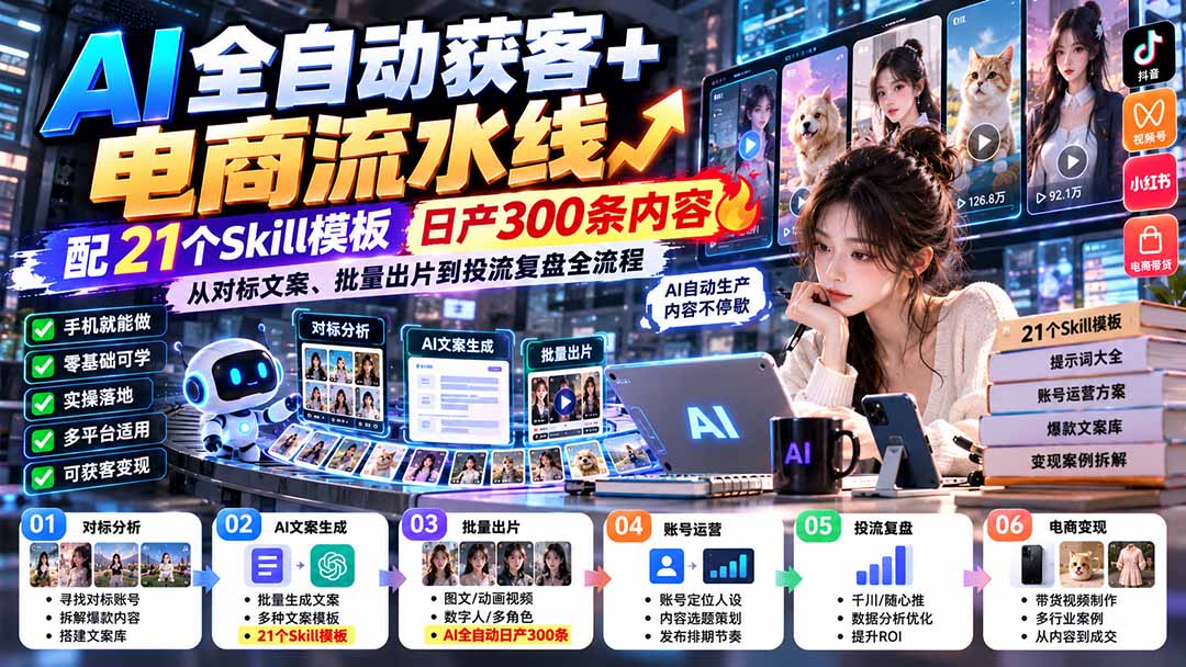 【无水印】AI全自动获客+电商流水线：配21个Skill模板，日产300条内容，从对标文案、批量出片到投流复盘全流程-摇钱树