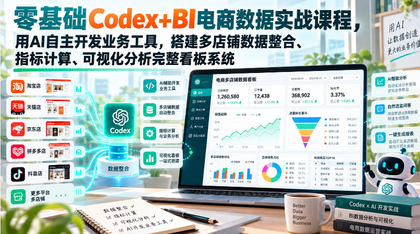 零基础Codex+BI电商数据实战课程,用AI自主开发业务工具,搭建多店铺数据整合、指标计算、可视化分析完整看板系统-摇钱树