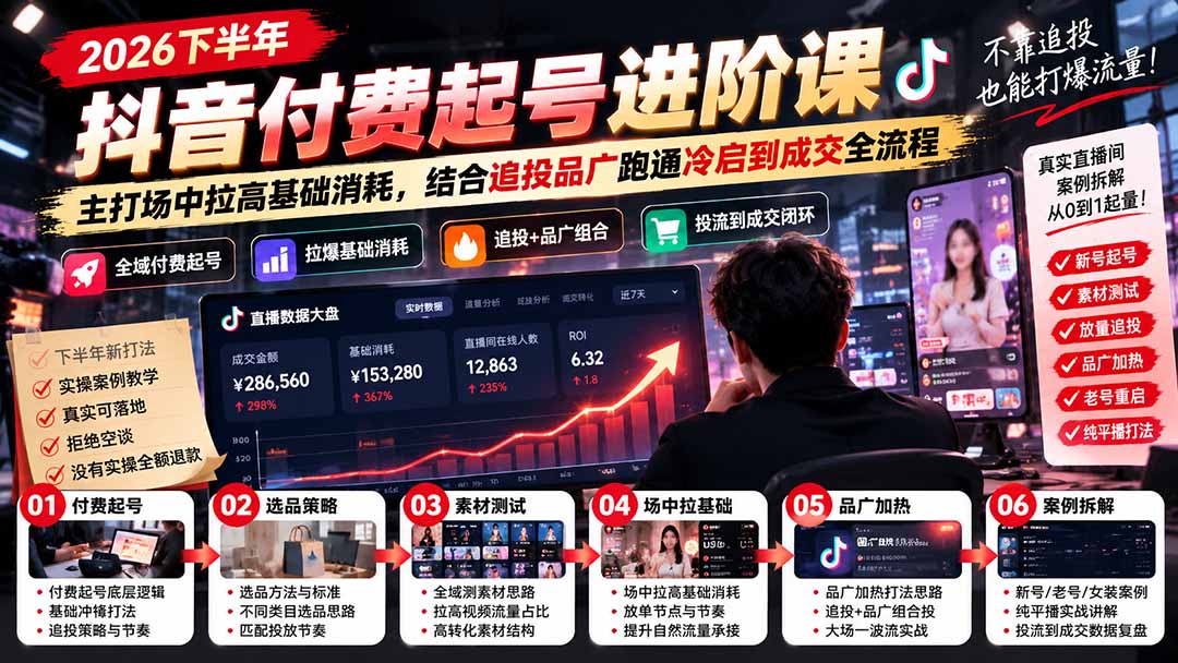 2026下半年抖音付费起号进阶课：主打场中拉高基础消耗，结合追投品广跑通冷启到成交全流程-摇钱树