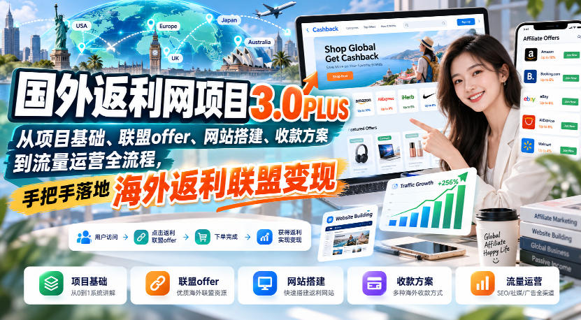 国外返利网项目3.0PLUS，从项目基础、联盟offer、网站搭建、收款方案到流量运营全流程，手把手落地海外返利联盟变现-摇钱树