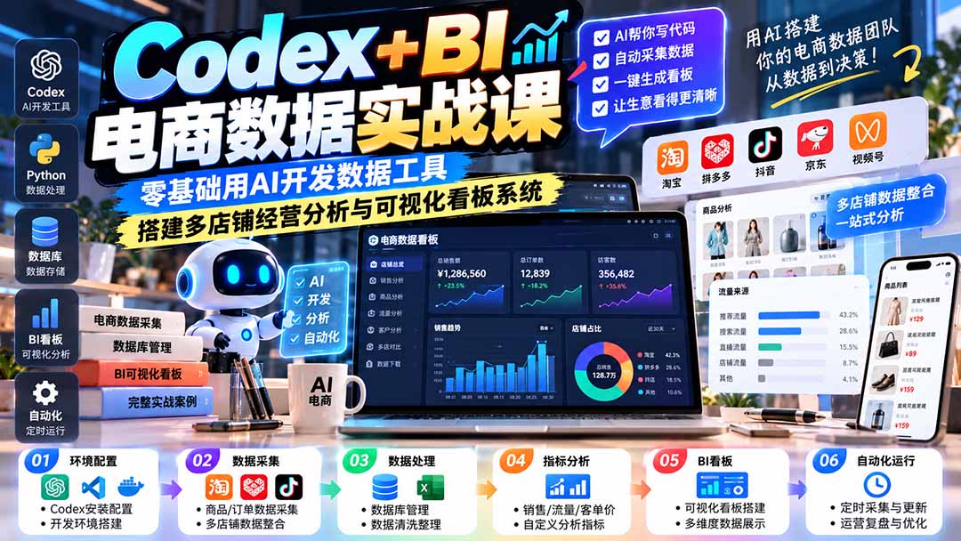 Codex+BI电商数据实战课:零基础用AI开发数据工具,搭建多店铺经营分析与可视化看板系统-摇钱树