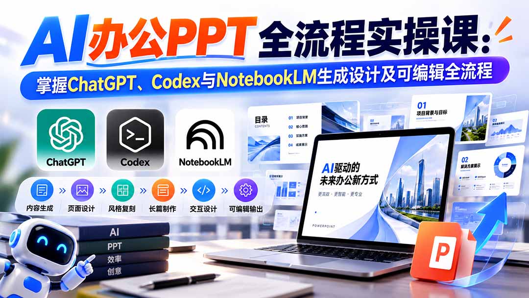 【无水印】AI办公PPT全流程实操课： 掌握ChatGPT、Codex与NotebookLM生成设计及可编辑全流程-摇钱树