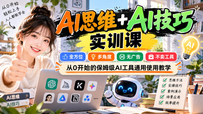 【无水印】AI思维+AI技巧实训课,全方位、多角度、无广告、不卖工具,从0开始的保姆级AI工具通用使用教学-超级个体网赚
