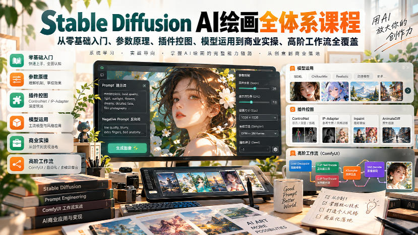 【无水印】Stable Diffusion AI绘画全体系课程,从零基础入门、参数原理、插件控图、模型运用到商业实操、高阶工作流全覆盖-摇钱树