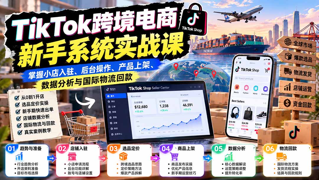 TikTok跨境电商新手系统实战课：掌握小店入驻、后台操作、产品上架、数据分析与国际物流回款-摇钱树