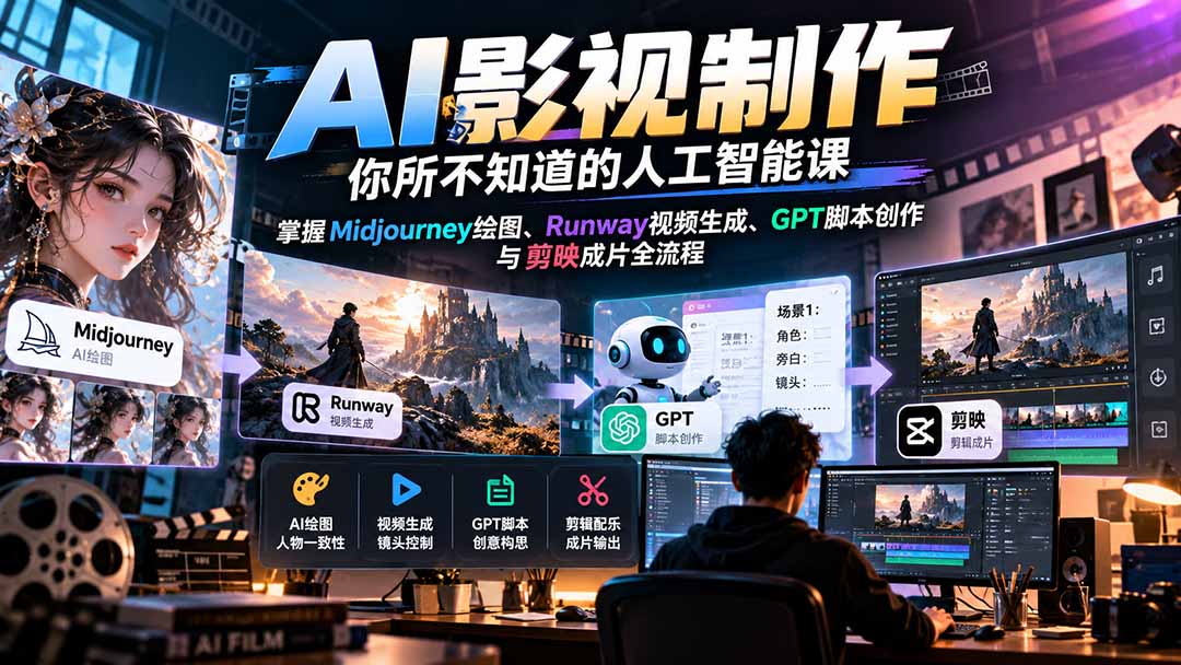 【无水印】AI影视制作-你所不知道的人工智能课,掌握Midjourney绘图、Runway视频生成、GPT脚本创作与剪映成片全流程-超级个体网赚