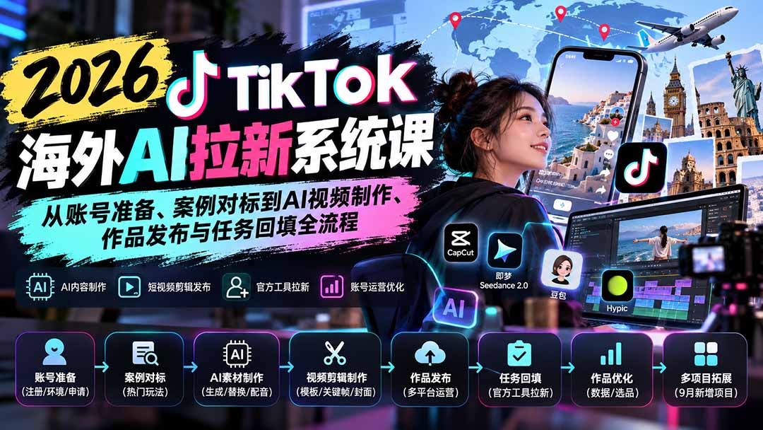 【无水印】2026 TikTok海外AI拉新系统课:从账号准备、案例对标到AI视频制作、作品发布与任务回填全流程-摇钱树