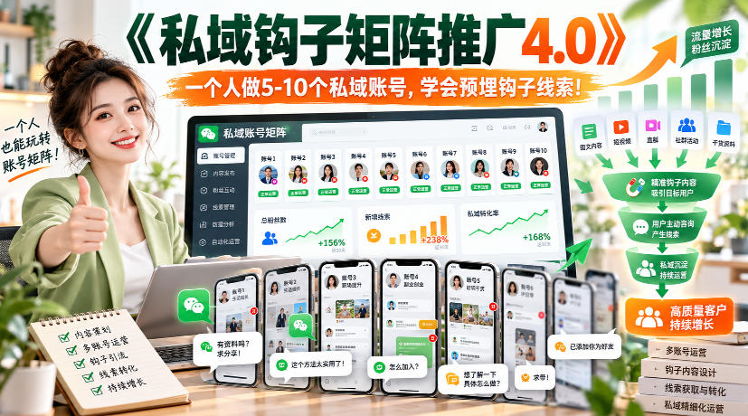 【无水印】《私域钩子矩阵推广4.0》一个人做5-10个私域账号,学会预埋钩子线索!-超级个体网赚