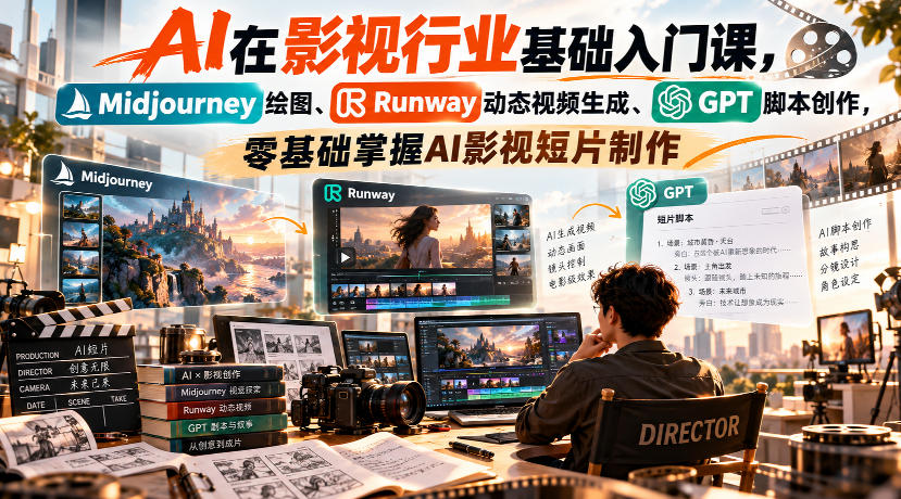 【无水印】AI在影视行业基础入门课,Midjourney绘图、Runway动态视频生成、GPT脚本创作,零基础掌握AI影视短片制作-摇钱树
