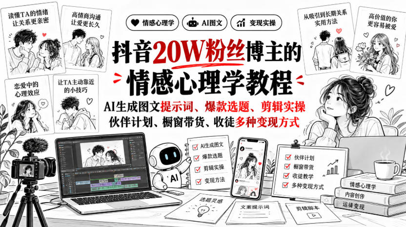 抖音20W粉丝博主静候心声的情感心理学教程,AI生成图文提示词、爆款选题、剪辑实操,伙伴计划、橱窗带货、收徒多种变现方式-摇钱树