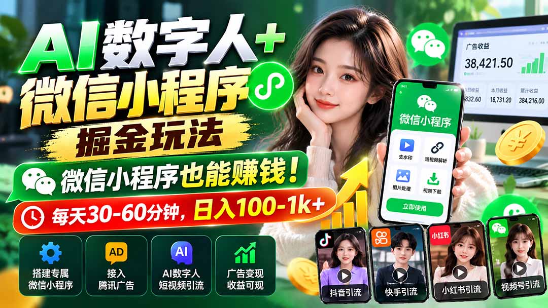 AI数字人+微信小程序掘金玩法:微信小程序也能赚钱!每天30-60分钟,日入100-1k+-摇钱树