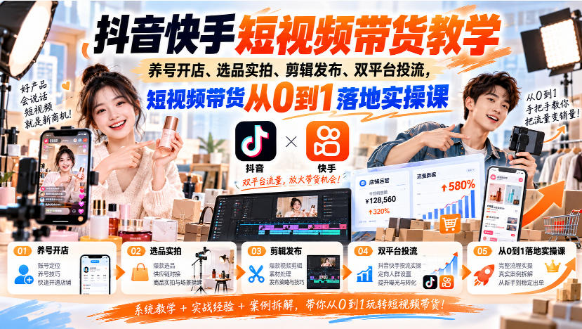 抖音快手短视频带货教学|养号开店、选品实拍、剪辑发布、双平台投流,短视频带货从0到1落地实操课-摇钱树