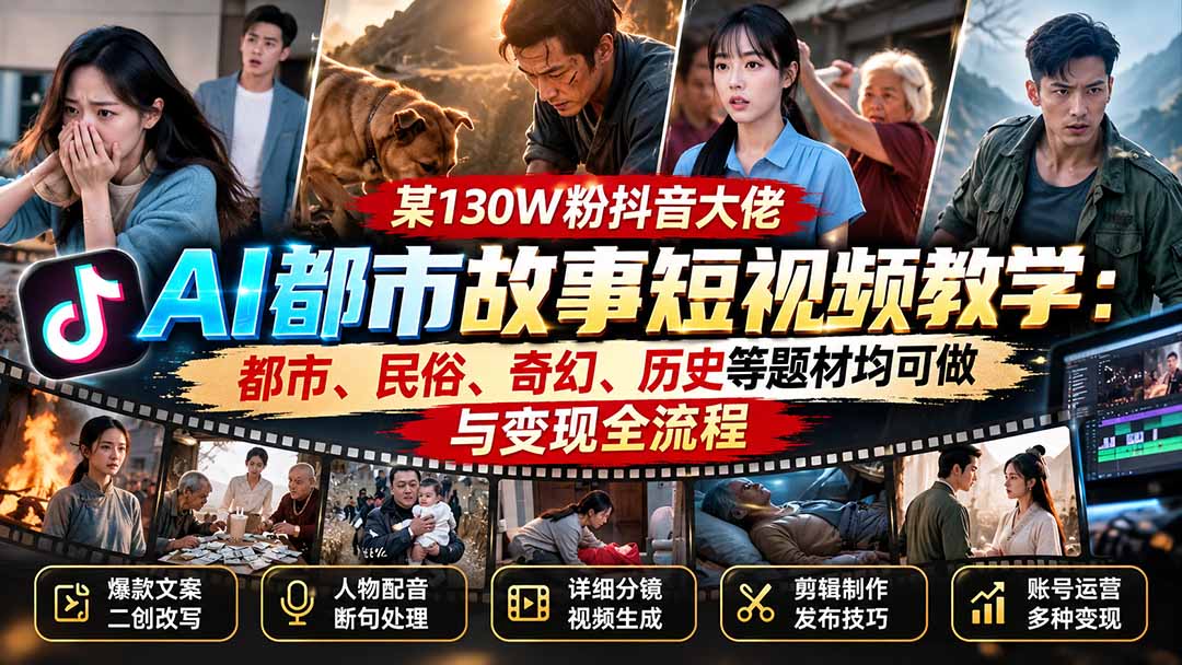 某130W粉抖音大佬AI都市故事短视频教学：都市、民俗、奇幻、历史等题材均可做与变现全流程-超级个体网赚