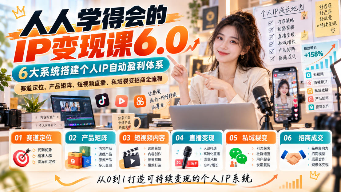 人人学得会的IP变现课6.0，6大系统搭建个人IP自动盈利体系，赛道定位、产品矩阵、短视频直播、私域裂变招商全流程-摇钱树