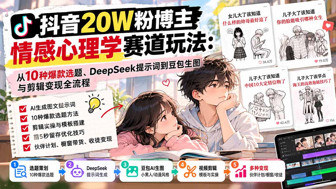 抖音20W粉博主-情感心理学赛道玩法:从10种爆款选题、DeepSeek提示词到豆包生图与剪辑变现全流程-好学创业资源