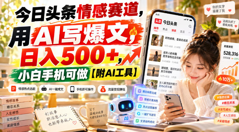 今日头条情感赛道,用AI写爆文,日入500+,小白手机可做【附AI工具】-摇钱树