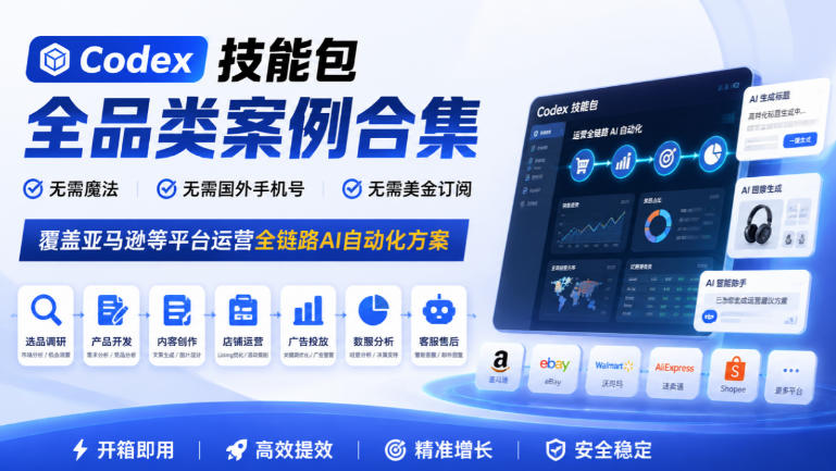 Codex技能包全品类案例合集,无需魔法、无需国外手机号、无需美金订阅,覆盖亚马逊等平台运营全链路AI自动化方案-好学创业资源