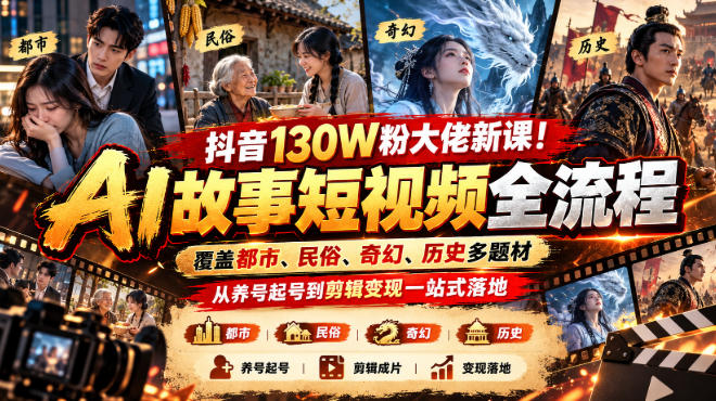 抖音130W粉大佬新课!AI故事短视频全流程,覆盖都市、民俗、奇幻、历史多题材,从养号起号到剪辑变现一站式落地-摇钱树
