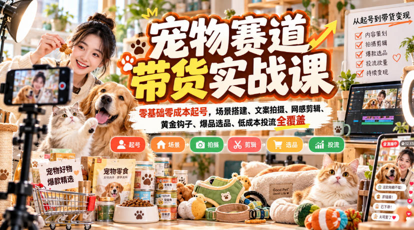 宠物赛道带货实战课,零基础零成本起号,场景搭建、文案拍摄、网感剪辑、黄金钩子、爆品选品、低成本投流全覆盖-摇钱树