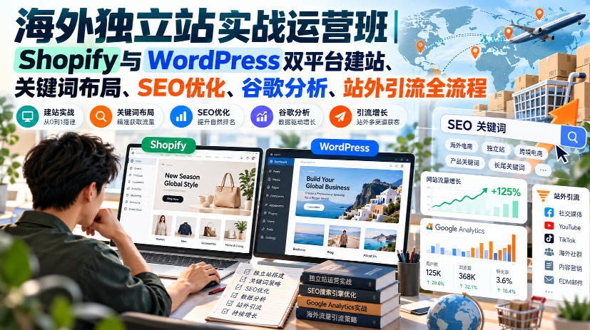 海外独立站实战运营班｜Shopify与WordPress双平台建站、关键词布局、SEO优化、谷歌分析、站外引流全流程-摇钱树