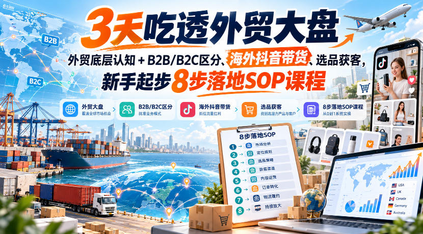 3天吃透外贸大盘，外贸底层认知+B2B/B2C区分、海外抖音带货、选品获客，新手起步8步落地SOP课程-摇钱树