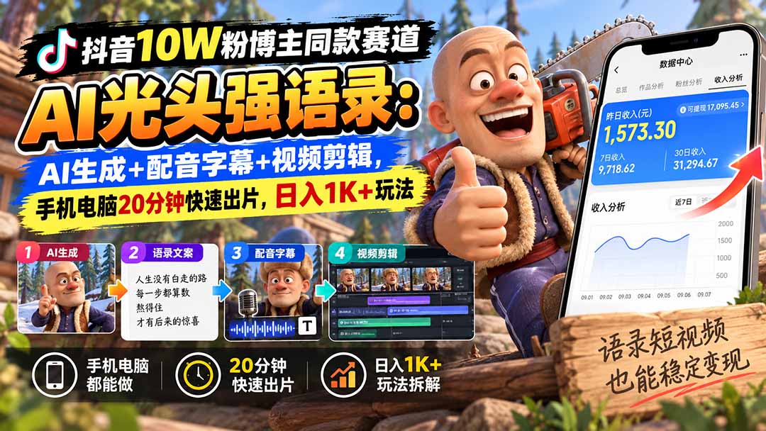 【无水印】抖音10W粉博主同款赛道AI光头强语录：AI生成+配音字幕+视频剪辑，手机电脑20分钟快速出片，日入1K+玩法-好学创业资源