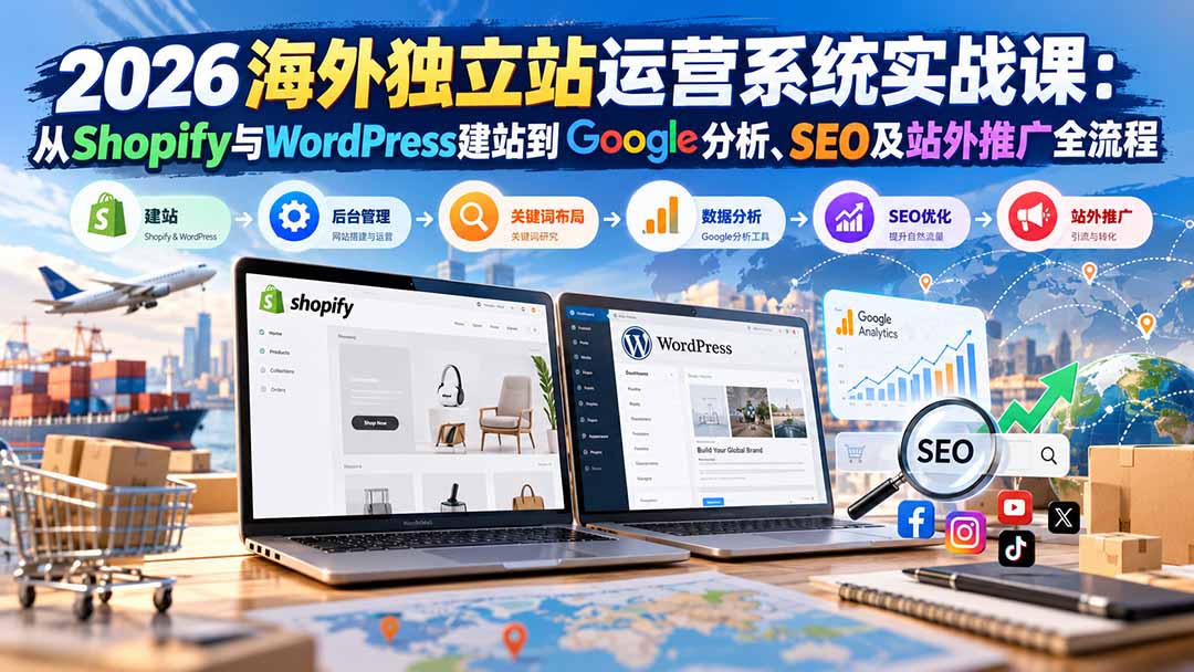 2026海外独立站运营系统实战课:从Shopify与WordPress建站到Google分析、SEO及站外推广全流程-摇钱树
