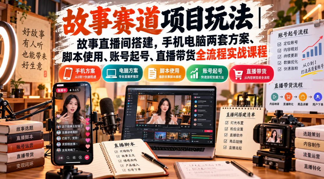 故事赛道项目玩法｜故事直播间搭建，手机电脑两套方案、脚本使用、账号起号、直播带货全流程实战课程-摇钱树