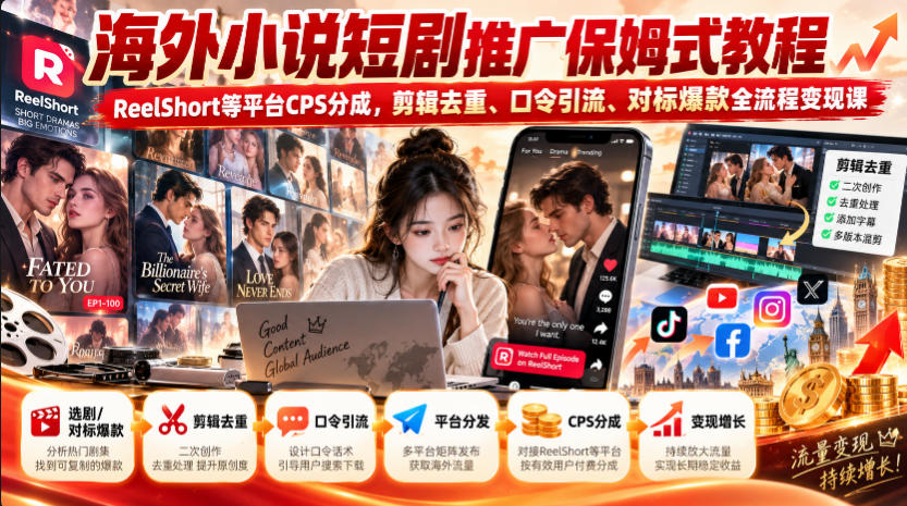 海外小说短剧推广保姆式教程｜ReelShort等平台CPS分成，剪辑去重、口令引流、对标爆款全流程变现课-摇钱树