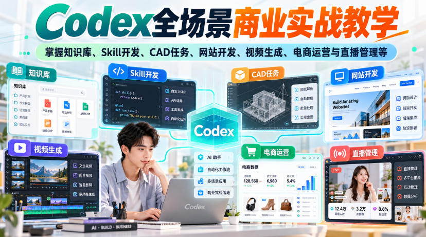 【无水印】Codex全场景商业实战教学，掌握知识库、Skill开发、CAD任务、网站开发、视频生成、电商运营与直播管理等-摇钱树