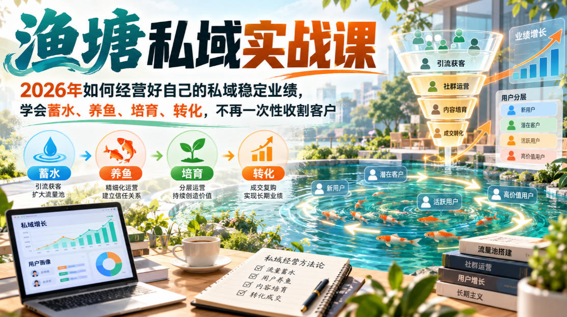 渔塘私域实战课,2026年如何经营好自己的私域稳定业绩,学会蓄水、养鱼、培育、转化,不再一次性收割客户-摇钱树