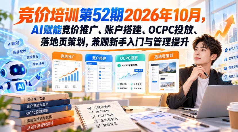 【无水印】竞价培训第52期2026年10月，AI赋能竞价推广、账户搭建、OCPC投放、落地页策划，兼顾新手入门与管理提升-摇钱树