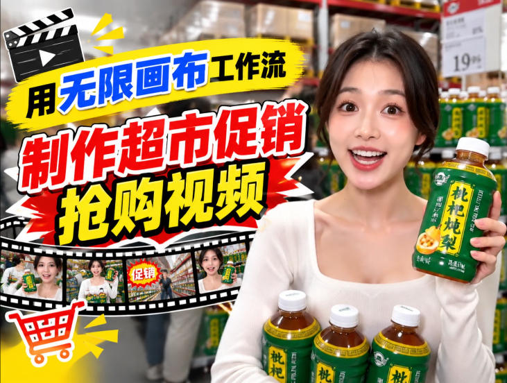 无限画布超市促销抢购视频工作流,一键产出TikTok抖音带货短视频-摇钱树