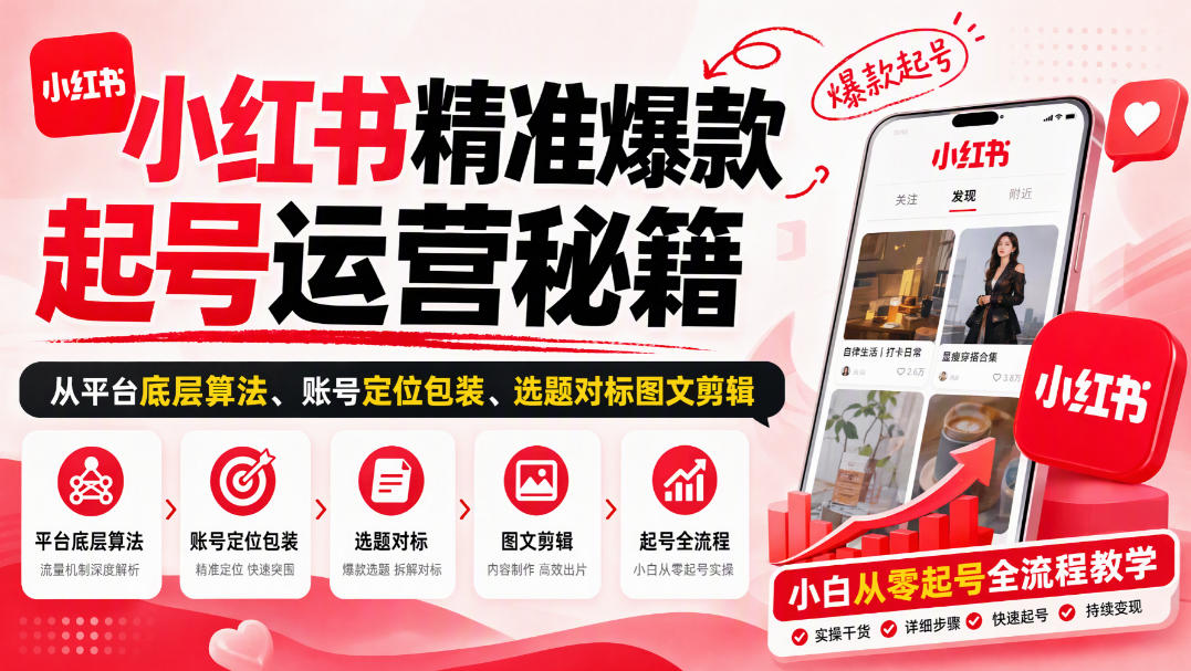 小红书精准爆款起号运营秘籍,从平台底层算法、账号定位包装、选题对标图文剪辑,小白从零起号全流程-摇钱树