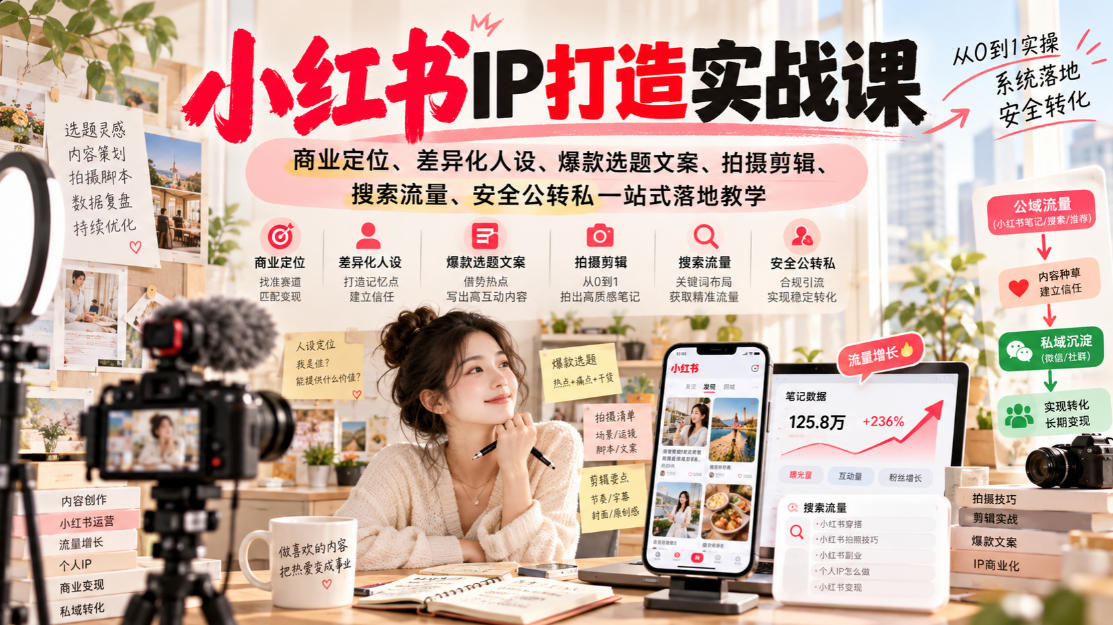 小红书ip打造实战课,商业定位、差异化人设、爆款选题文案、拍摄剪辑、搜索流量、安全公转私一站式落地教学-摇钱树