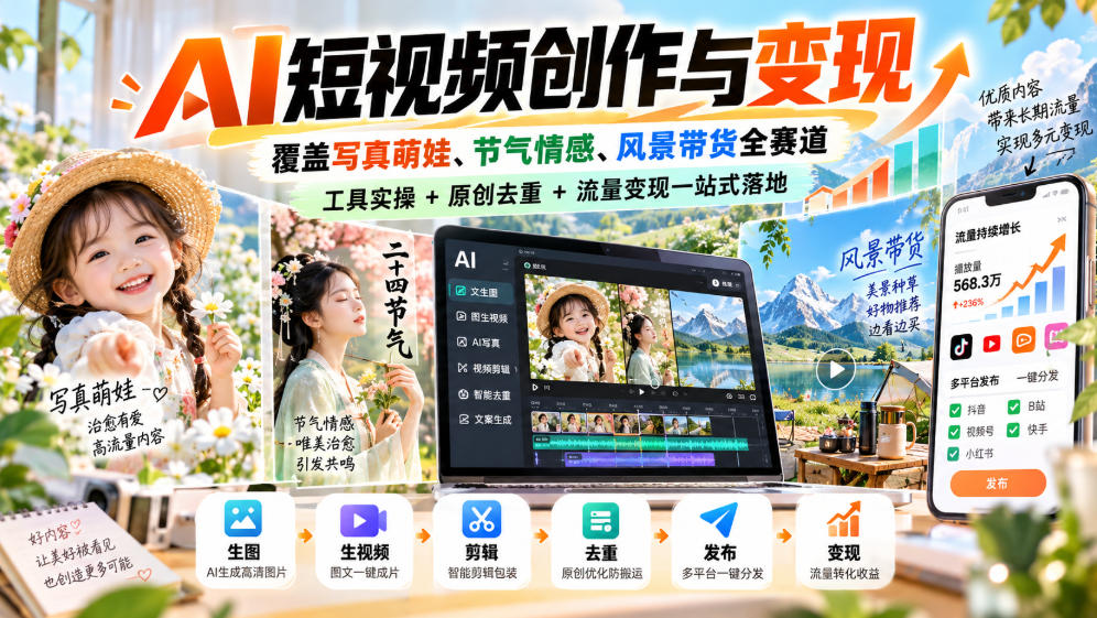 AI短视频创作与变现,覆盖写真萌娃、节气情感、风景带货全赛道,工具实操+原创去重+流量变现一站式落地-摇钱树