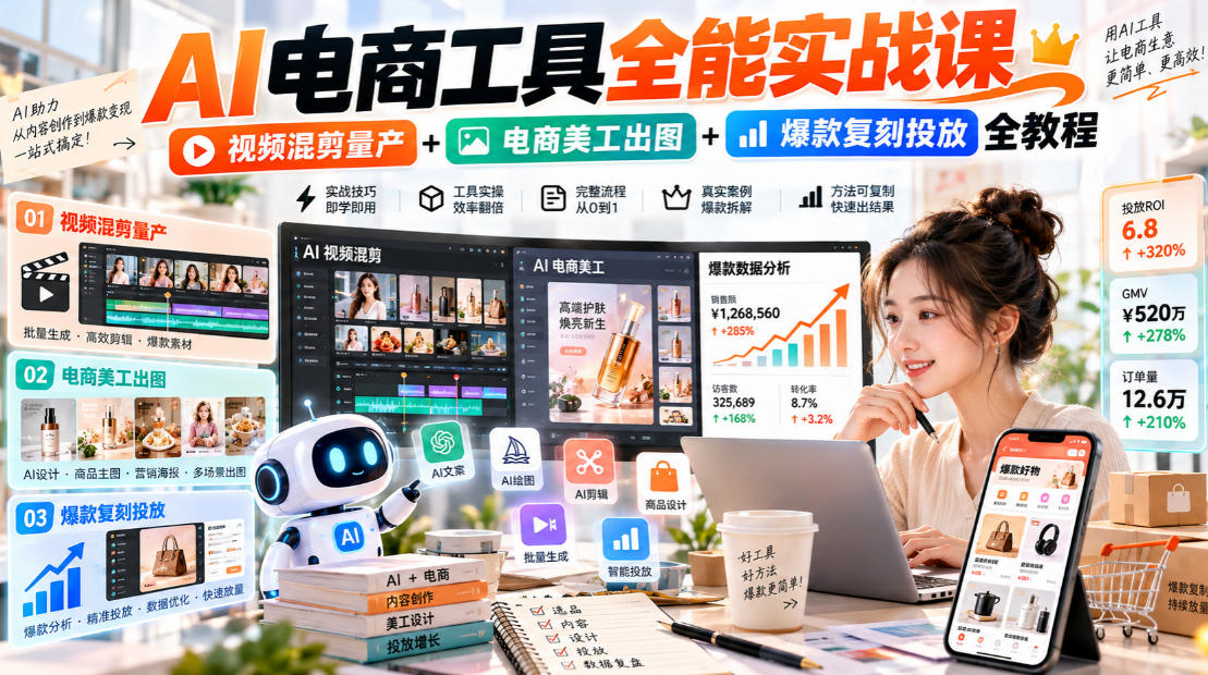 AI电商工具全能实战教学，视频混剪量产+电商美工出图+爆款复刻投放全教程​-摇钱树