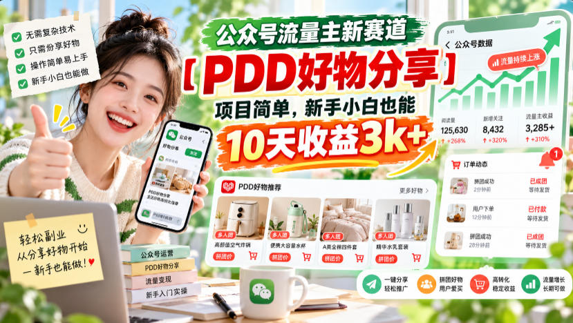 公众号流量主新赛道【PDD好物分享】,项目简单,新手小白也能10天收益3k+-摇钱树
