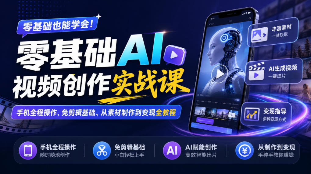 零基础AI视频创作实战课｜手机全程操作、免剪辑基础、从素材制作到变现全教程​-摇钱树