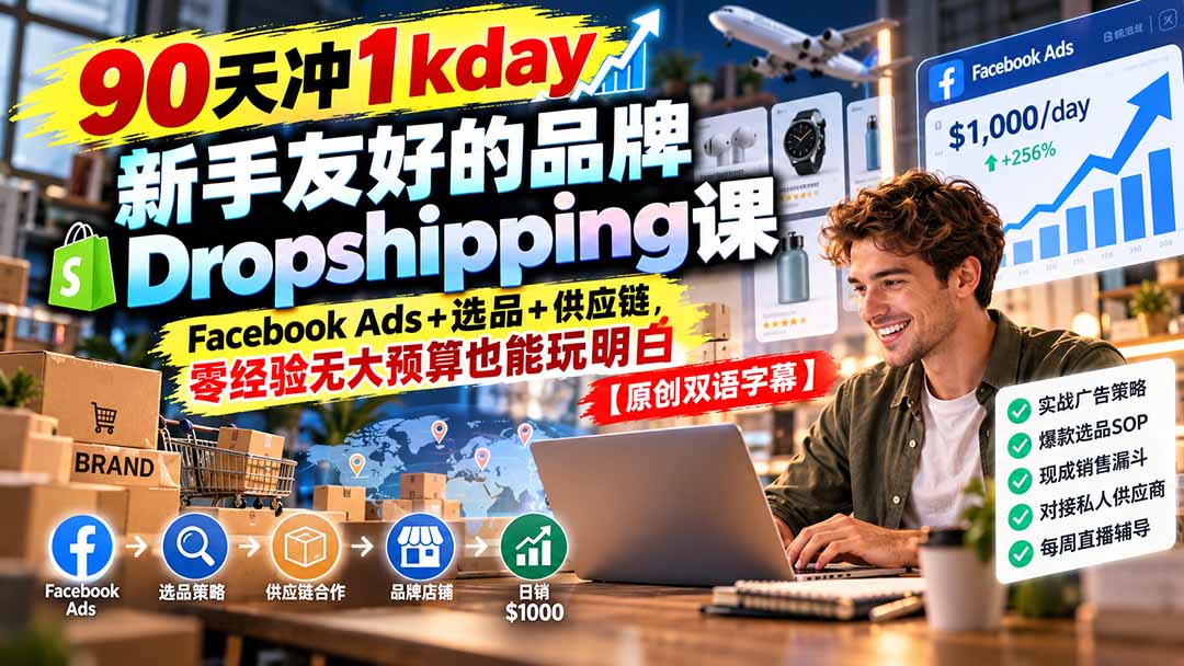 90天冲1kday 新手友好的品牌Dropshipping课:Facebook Ads+选品+供应链,零经验无大预算也能玩明白【原创双语字幕】-摇钱树