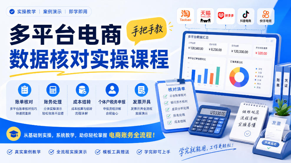 多平台电商数据核对实操课程，手把手教账单核对、账务处理、成本结转、个体户税务申报与发票开具-摇钱树