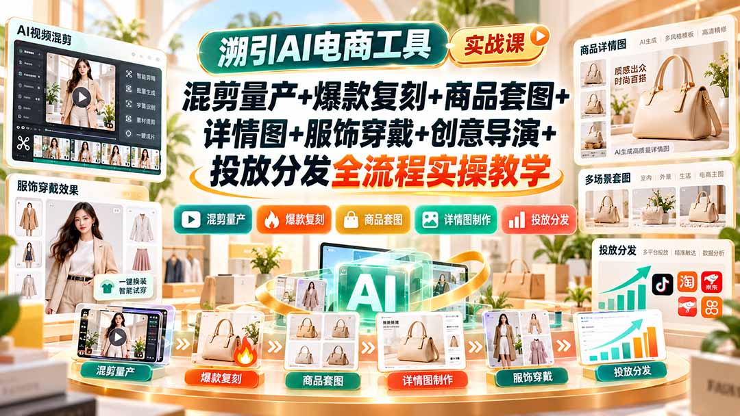 溯引AI电商工具实战课:混剪量产+爆款复刻+商品套图+详情图+服饰穿戴+创意导演+投放分发全流程实操教学-摇钱树