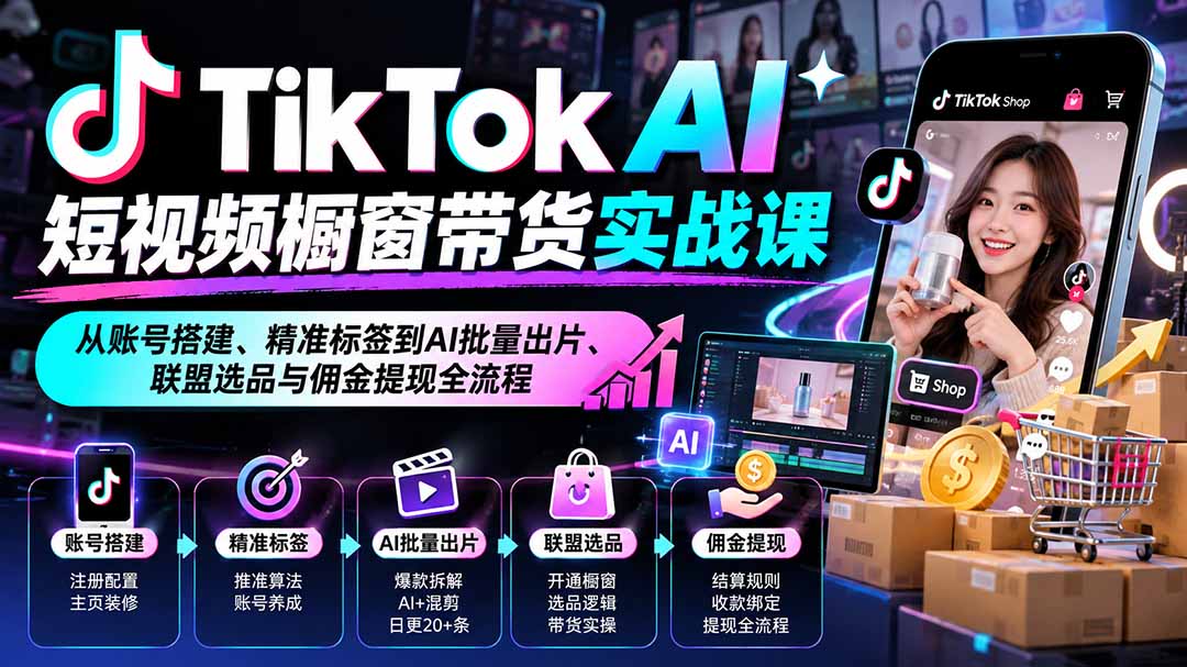TikTok AI短视频橱窗带货实战课:从账号搭建、精准标签到AI批量出片、联盟选品与佣金提现全流程-好学创业资源
