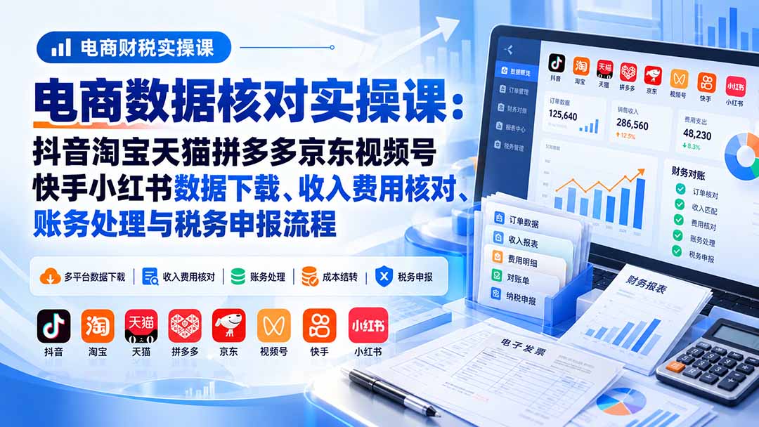 电商数据核账实操课:抖音淘宝天猫拼多多京东视频号快手小红书数据下载、收入费用核对、账务处理与税务申报流程-摇钱树