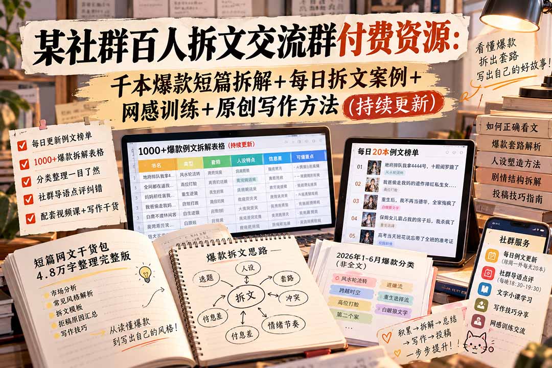 某社群百人拆文交流群付费资源-更新0929:千本爆款短篇拆解+每日拆文案例+网感训练+原创写作方法-摇钱树