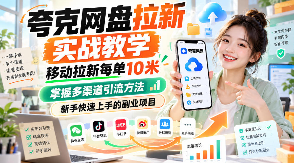 夸克网盘拉新实战教学,移动拉新每单10米,掌握多渠道引流方法,新手快速上手的副业项目(更新0929)-摇钱树